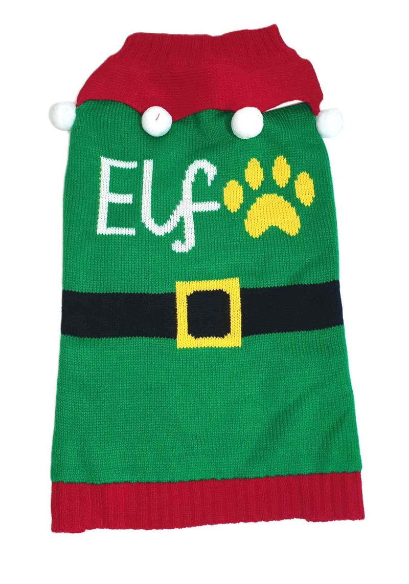 Elf-themed Christmas jumper for dogs with green and red design.