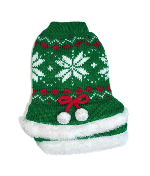 Green and red snowflake Christmas jumper for dogs with snow trim.