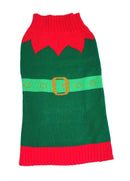 Elf Christmas jumper for dogs, festive green and red design, available in SM/MD and MD/LG sizes.