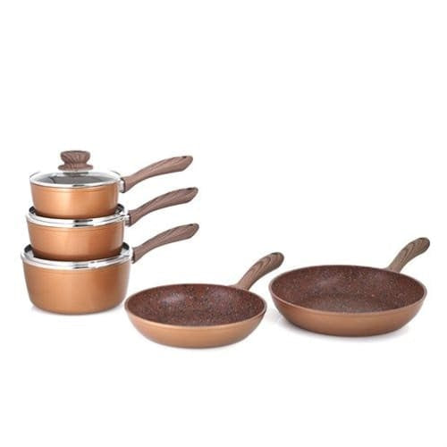 JML Copper Stone Pans, 3 non-stick durable sauce pans with matching lids and two Frying Pans - lakehomeandleisure.co.uk